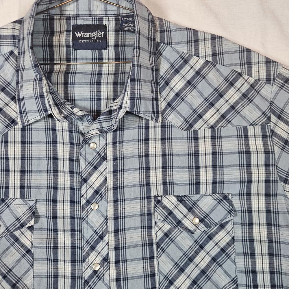 Wrangler Shirt Mens 3XLT Blue Plaid Short Sleeve Pearl Snap Western Cowboy
